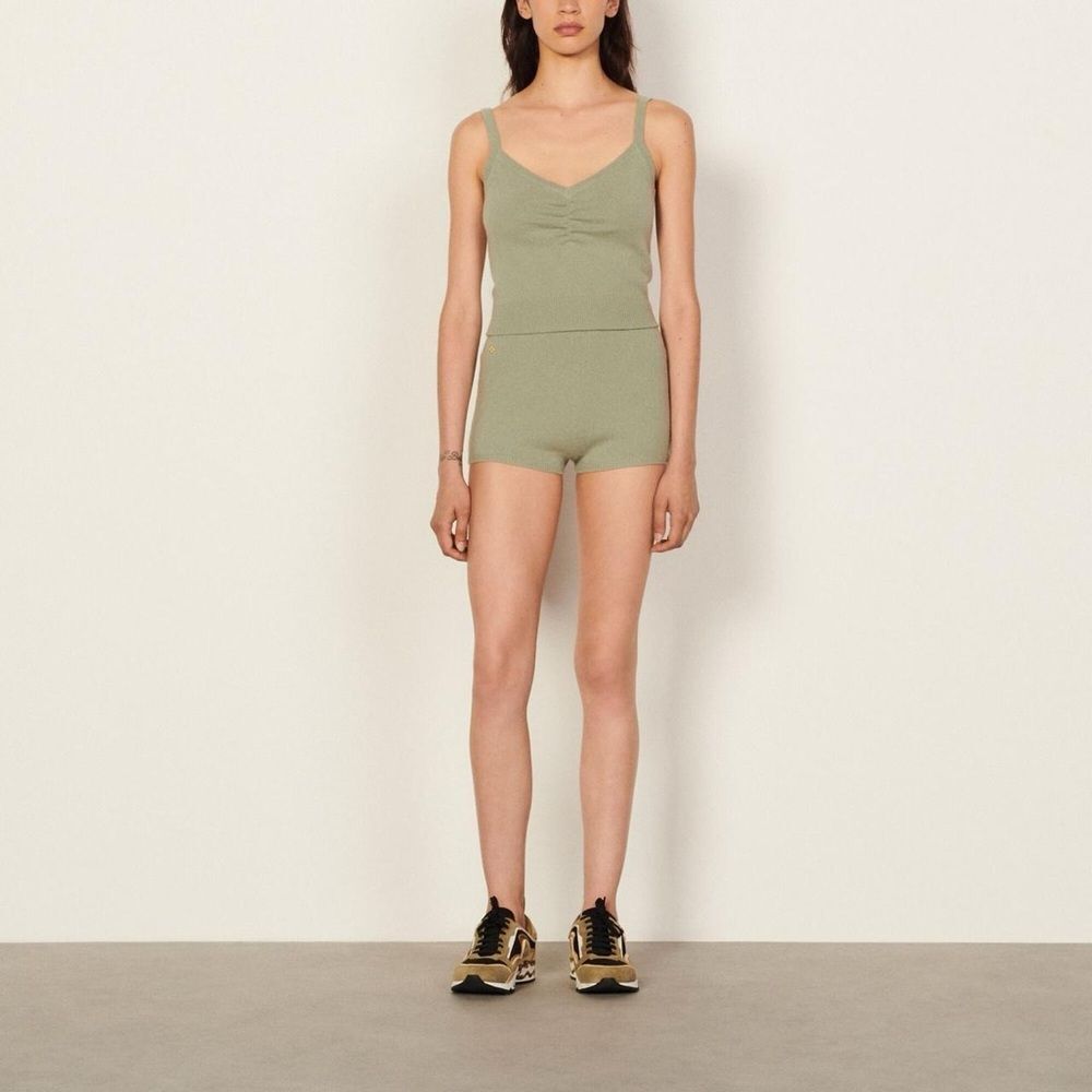 $136 Sandro Soft Wool Olive Green Cream Sweater Tank Top Shirt Large Women's 3 - Picture 6 of 8